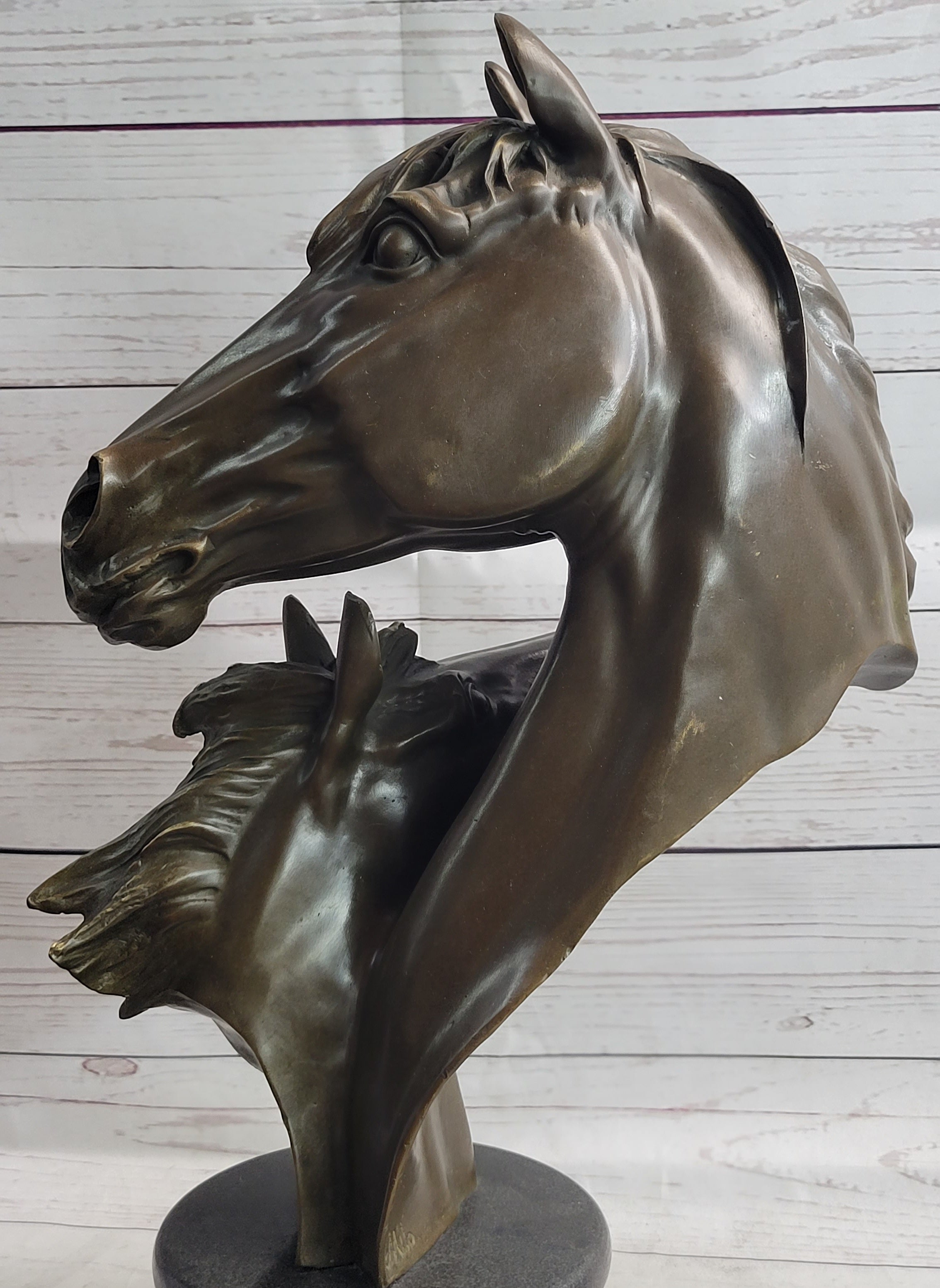 Necking Horses Bronze Bust Equestrian Art Signed