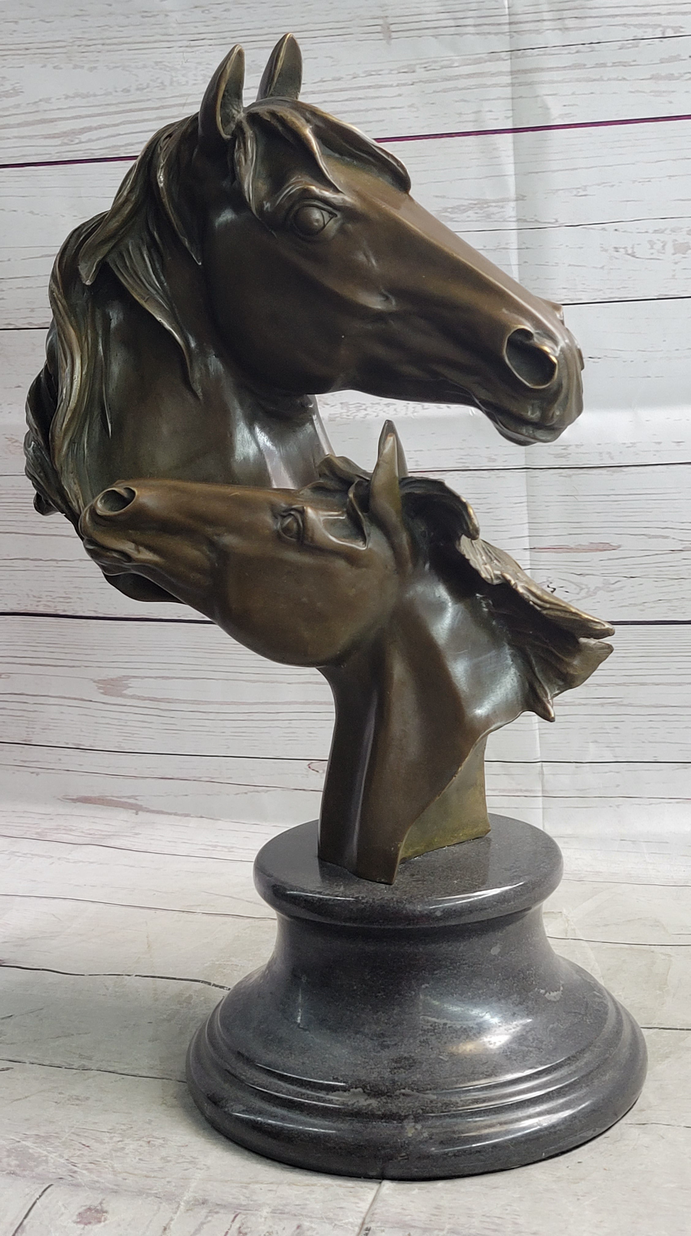 Necking Horses Bronze Bust Equestrian Art Signed