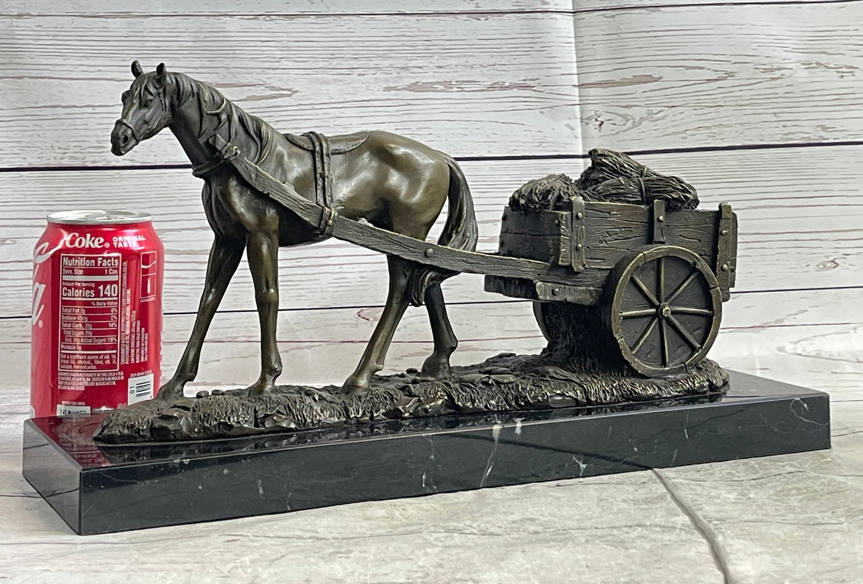 Signed Original Working Horse with Carriage Bronze Sculpture
