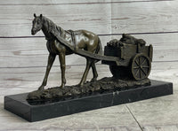 Signed Original Working Horse with Carriage Bronze Sculpture
