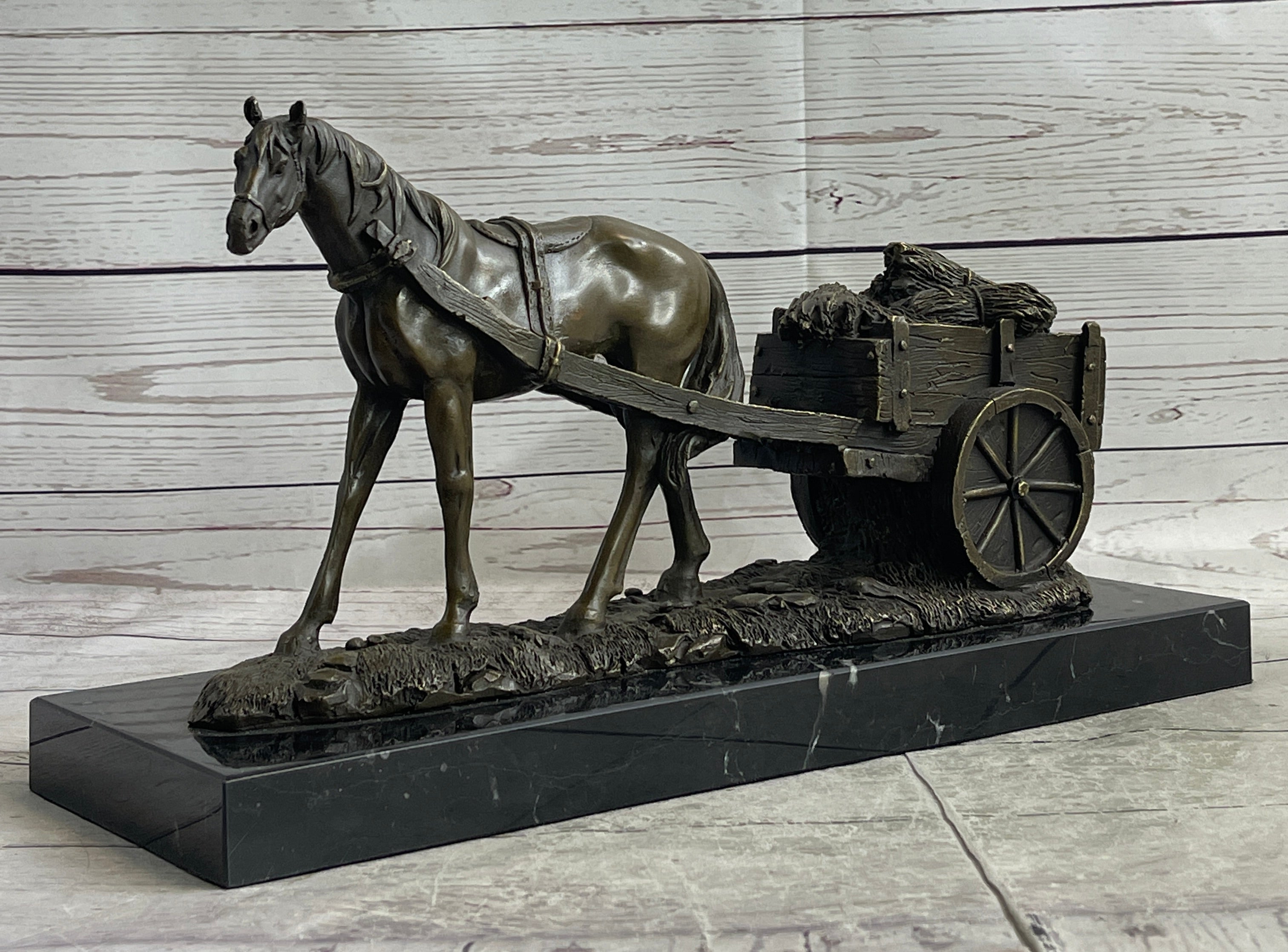 Signed Original Working Horse with Carriage Bronze Sculpture
