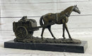 Signed Original Working Horse with Carriage Bronze Sculpture