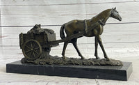 Signed Original Working Horse with Carriage Bronze Sculpture