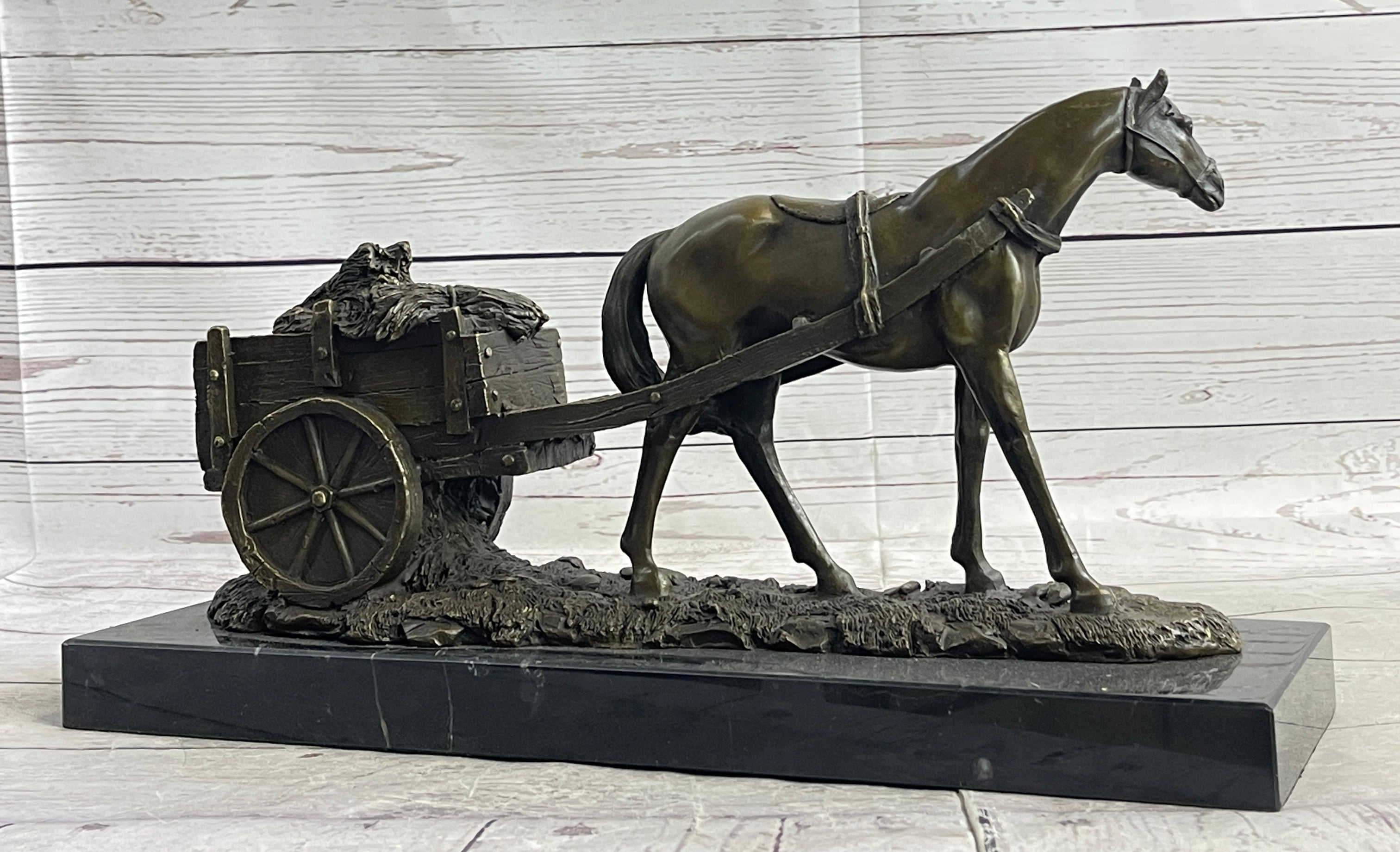Signed Original Working Horse with Carriage Bronze Sculpture