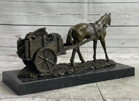 Signed Original Working Horse with Carriage Bronze Sculpture