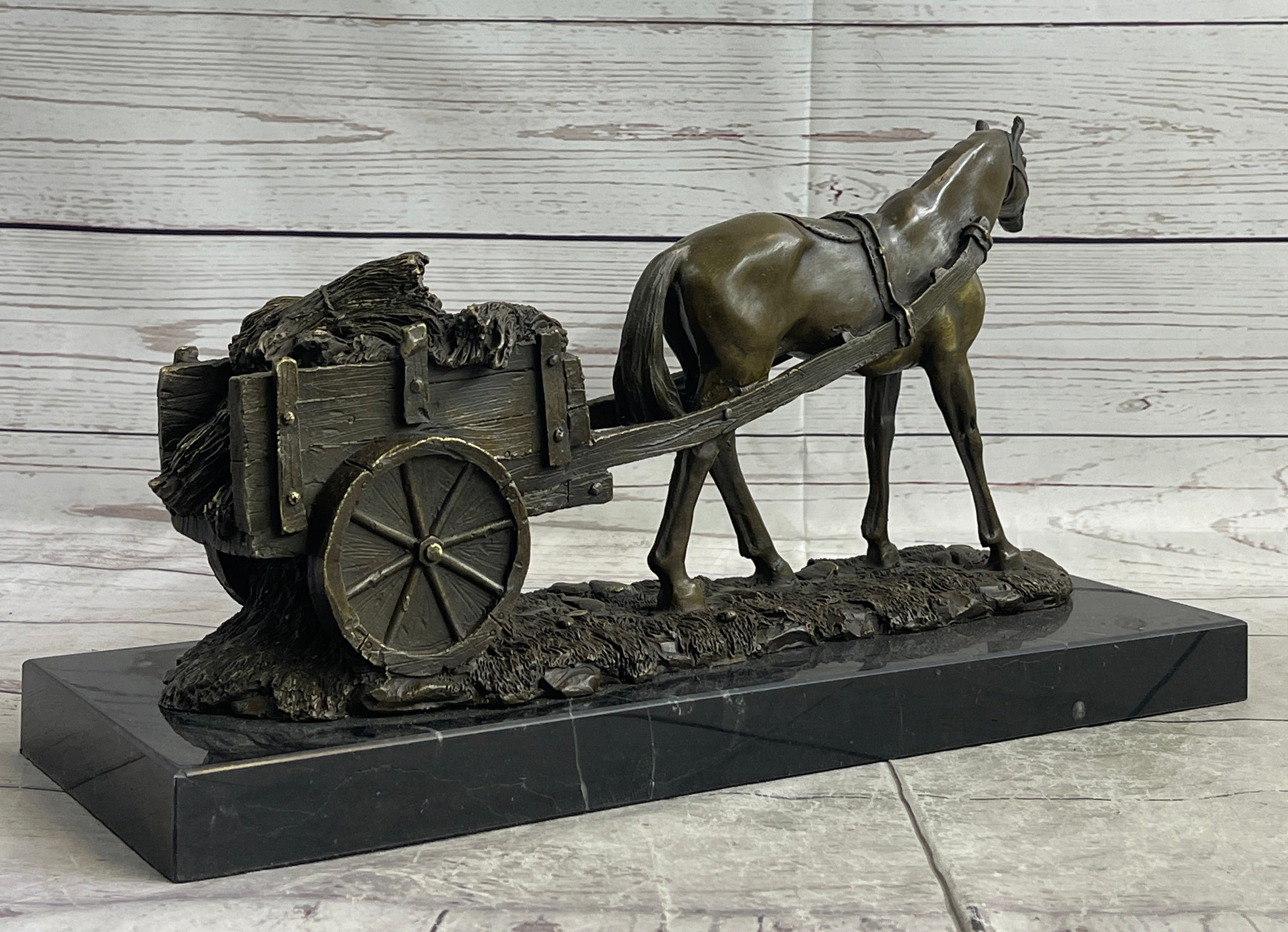 Signed Original Working Horse with Carriage Bronze Sculpture