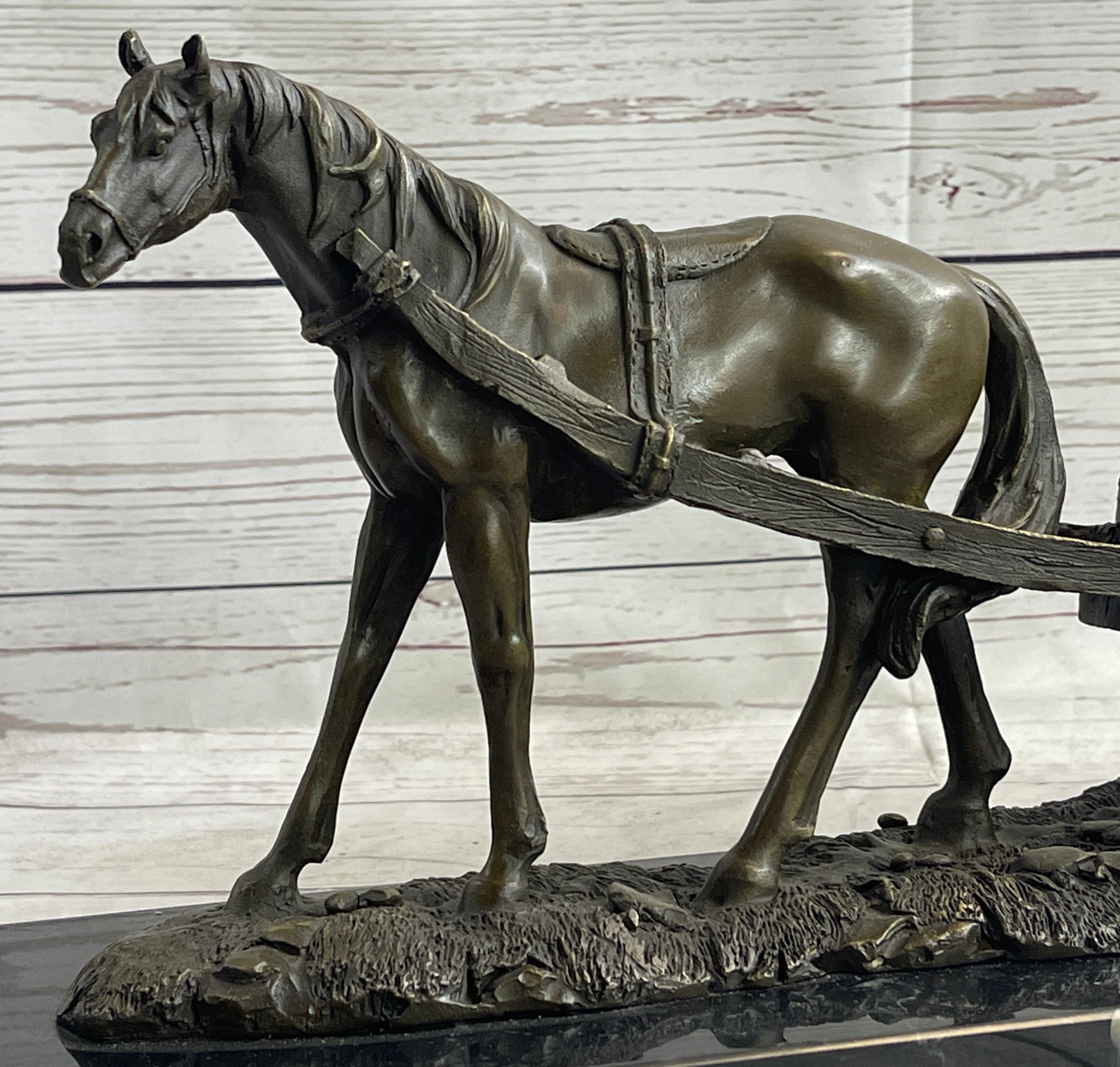 Signed Original Working Horse with Carriage Bronze Sculpture