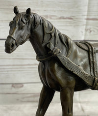 Signed Original Working Horse with Carriage Bronze Sculpture