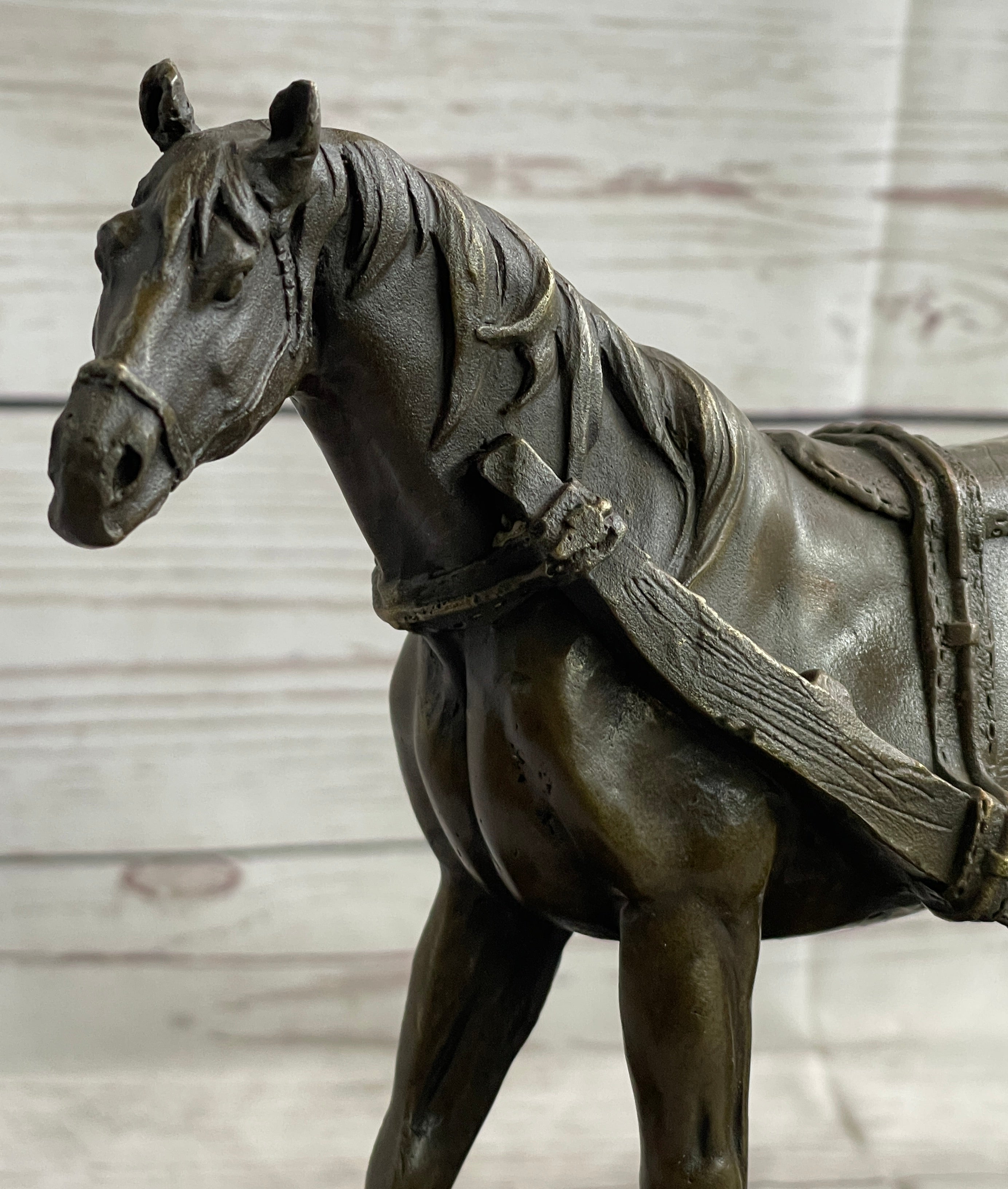 Signed Original Working Horse with Carriage Bronze Sculpture