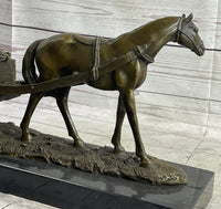Signed Original Working Horse with Carriage Bronze Sculpture