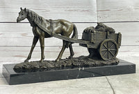 Signed Original Working Horse with Carriage Bronze Sculpture