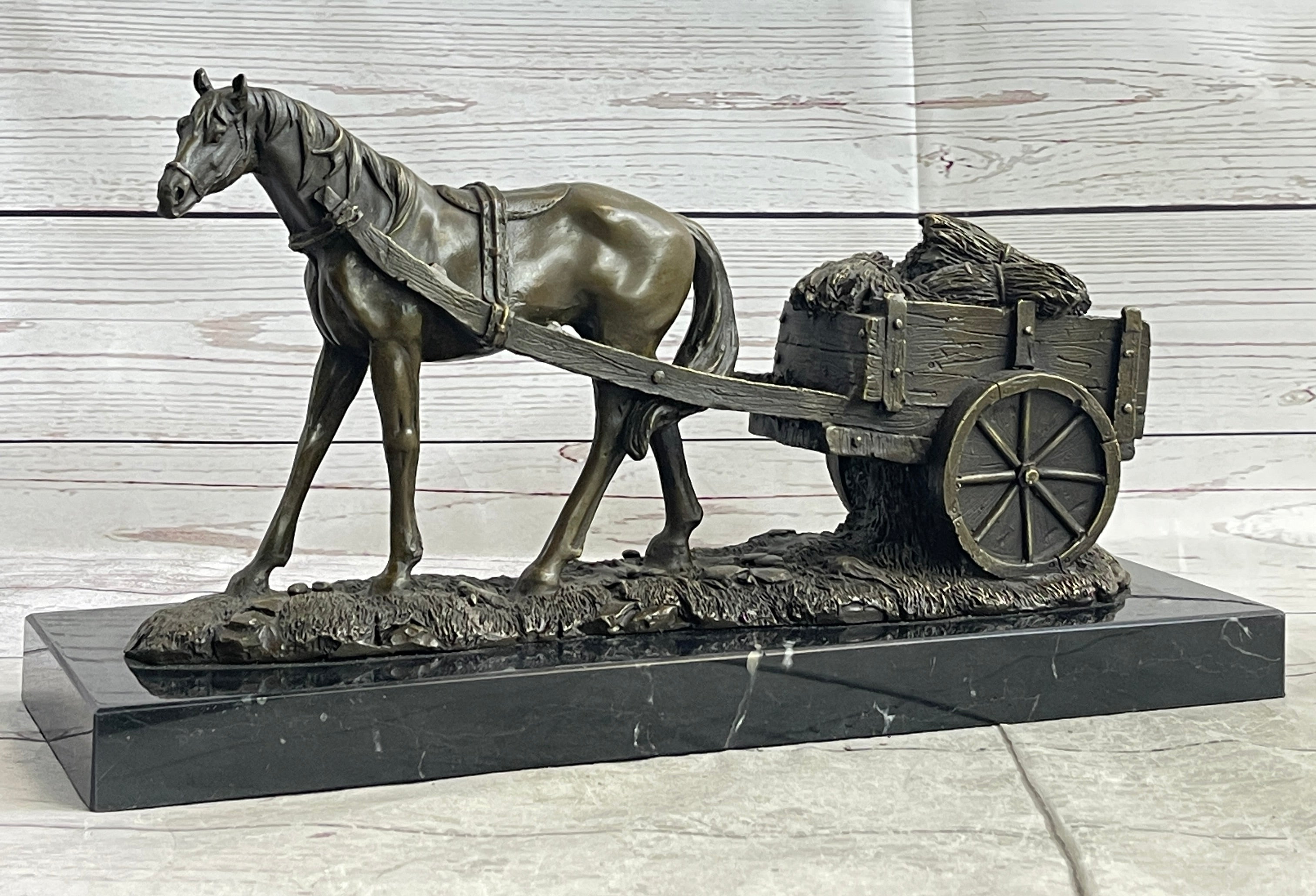 Signed Original Working Horse with Carriage Bronze Sculpture