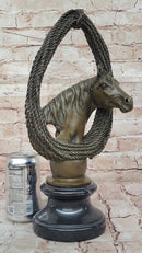 Bronze Horse Head with Braided Lasso on Marble Base