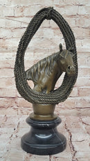 Bronze Horse Head with Braided Lasso on Marble Base