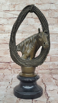 Bronze Horse Head with Braided Lasso on Marble Base