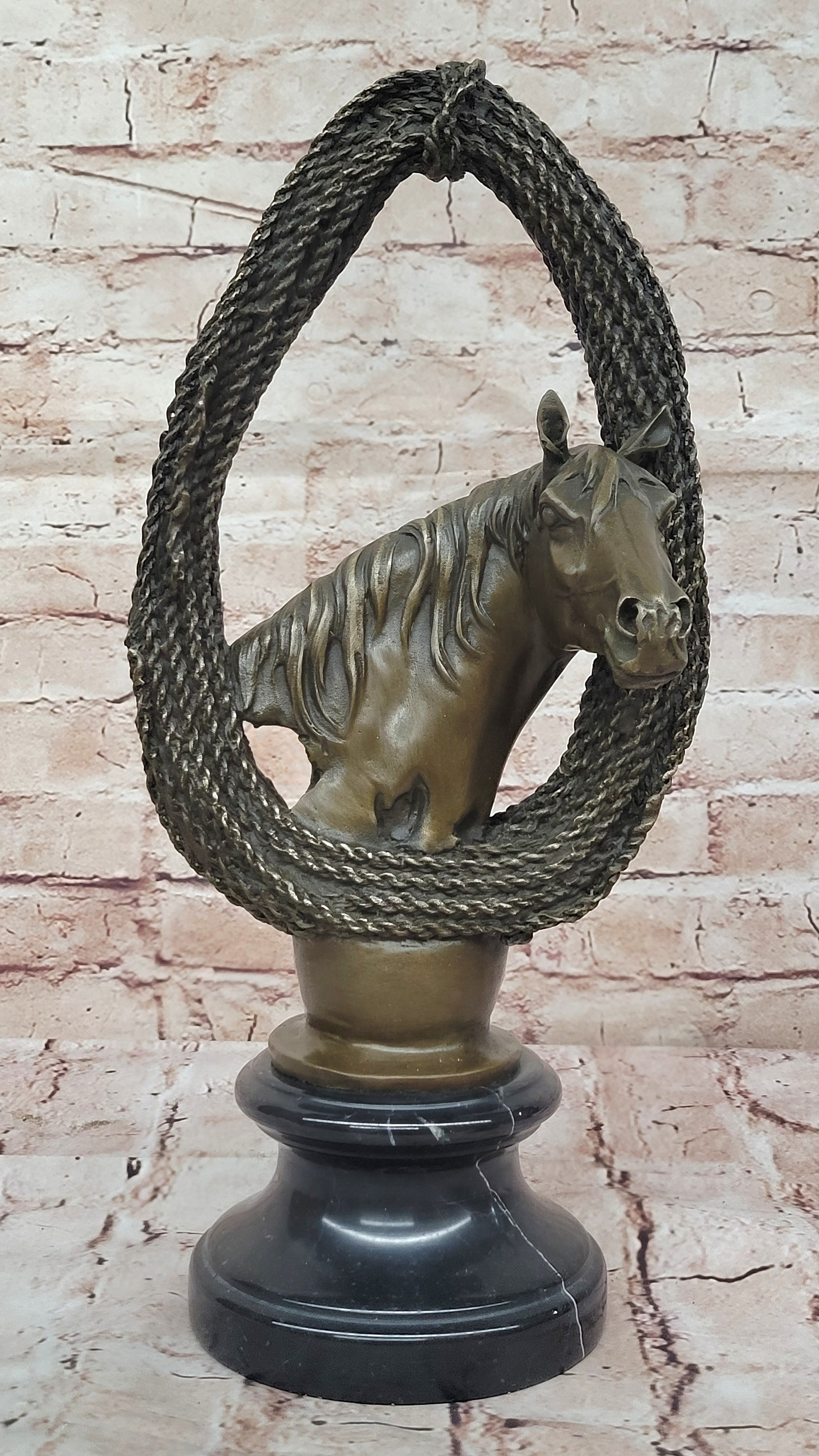 Bronze Horse Head with Braided Lasso on Marble Base