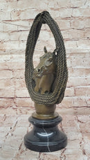 Bronze Horse Head with Braided Lasso on Marble Base