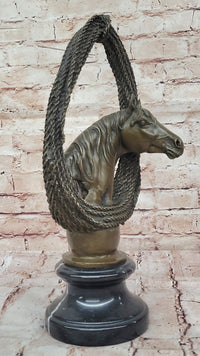 Bronze Horse Head with Braided Lasso on Marble Base