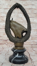 Bronze Horse Head with Braided Lasso on Marble Base