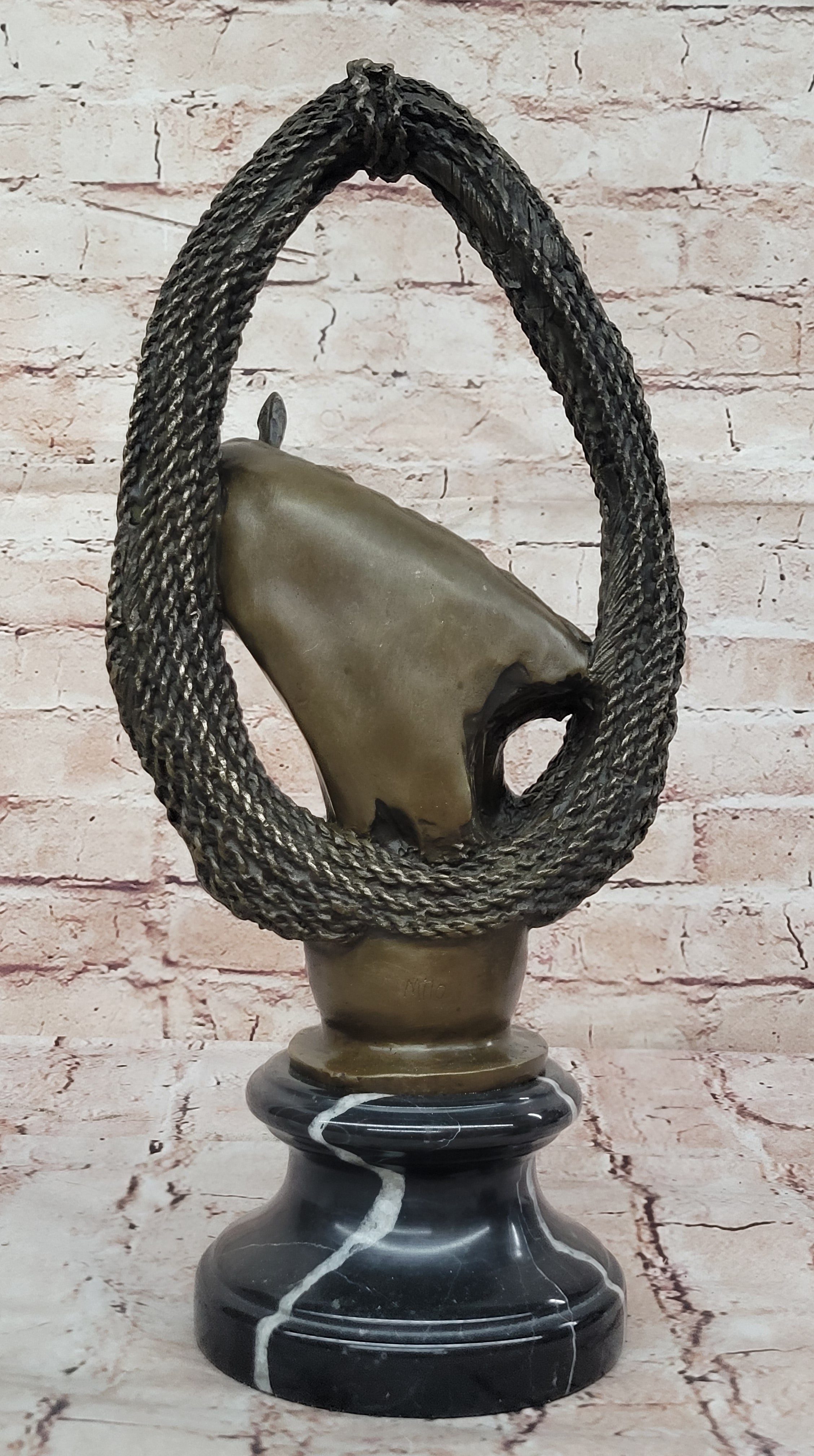 Bronze Horse Head with Braided Lasso on Marble Base