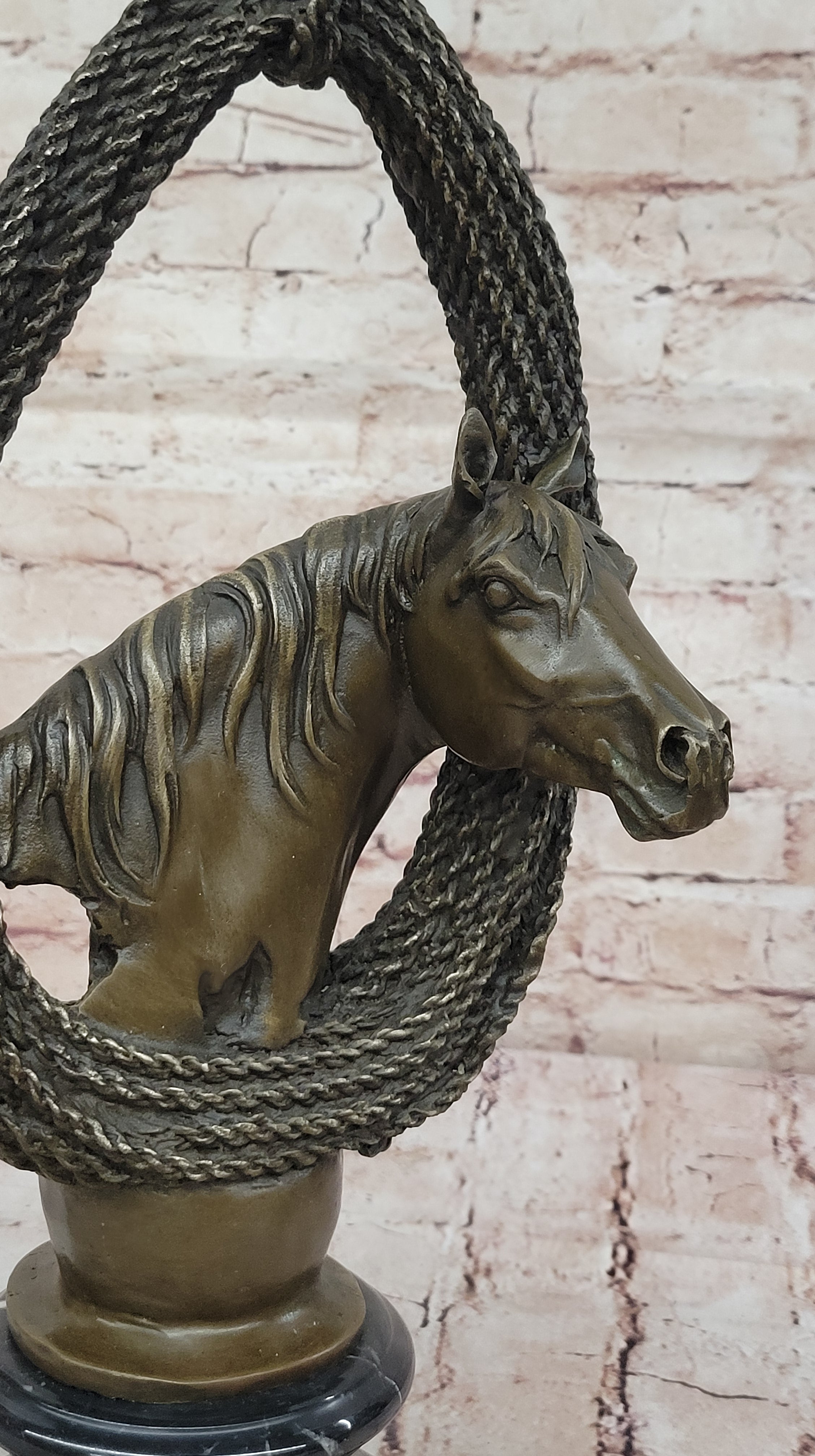 Bronze Horse Head with Braided Lasso on Marble Base