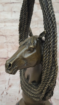 Bronze Horse Head with Braided Lasso on Marble Base