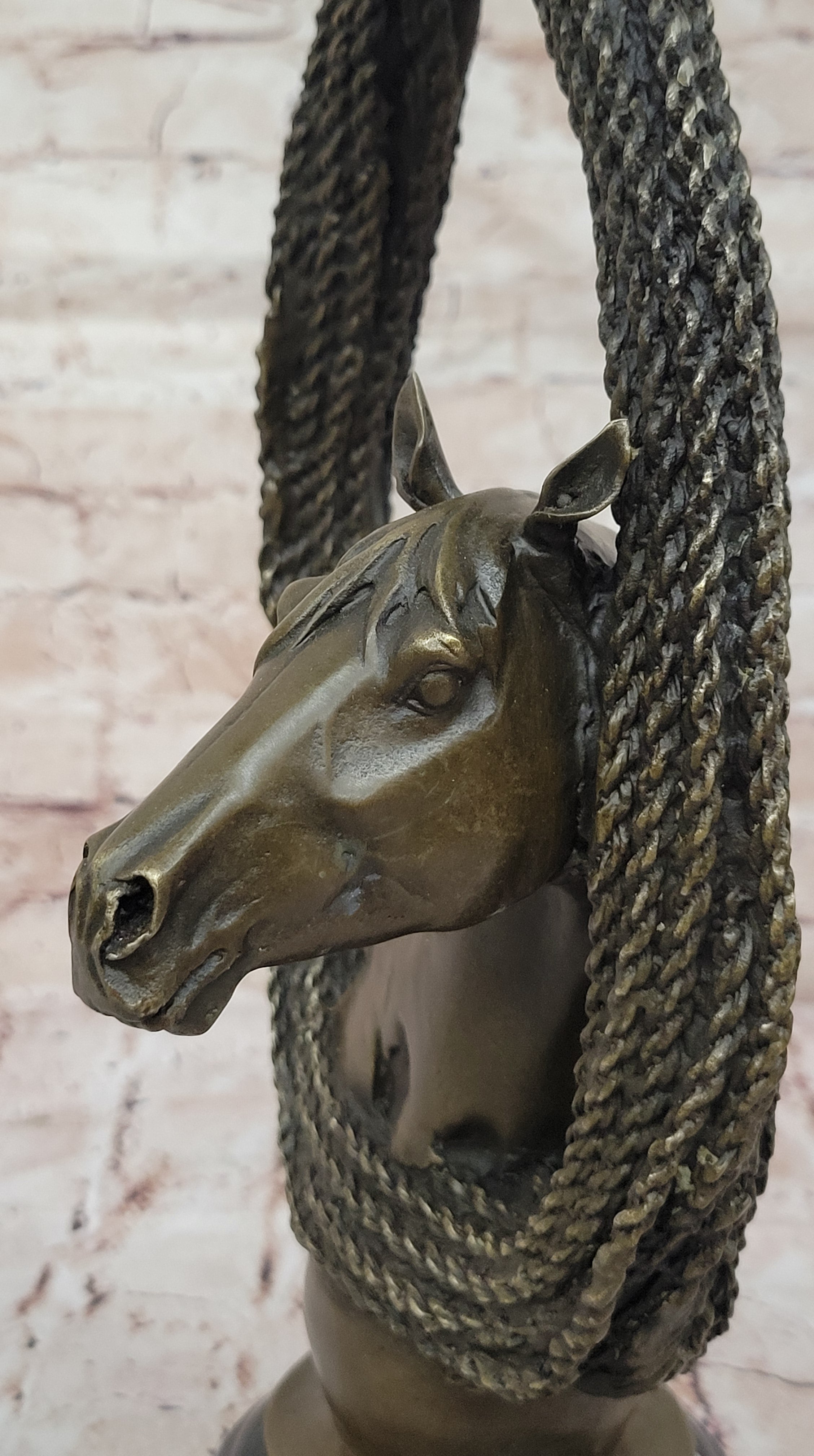 Bronze Horse Head with Braided Lasso on Marble Base