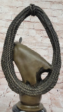 Bronze Horse Head with Braided Lasso on Marble Base