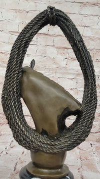 Bronze Horse Head with Braided Lasso on Marble Base