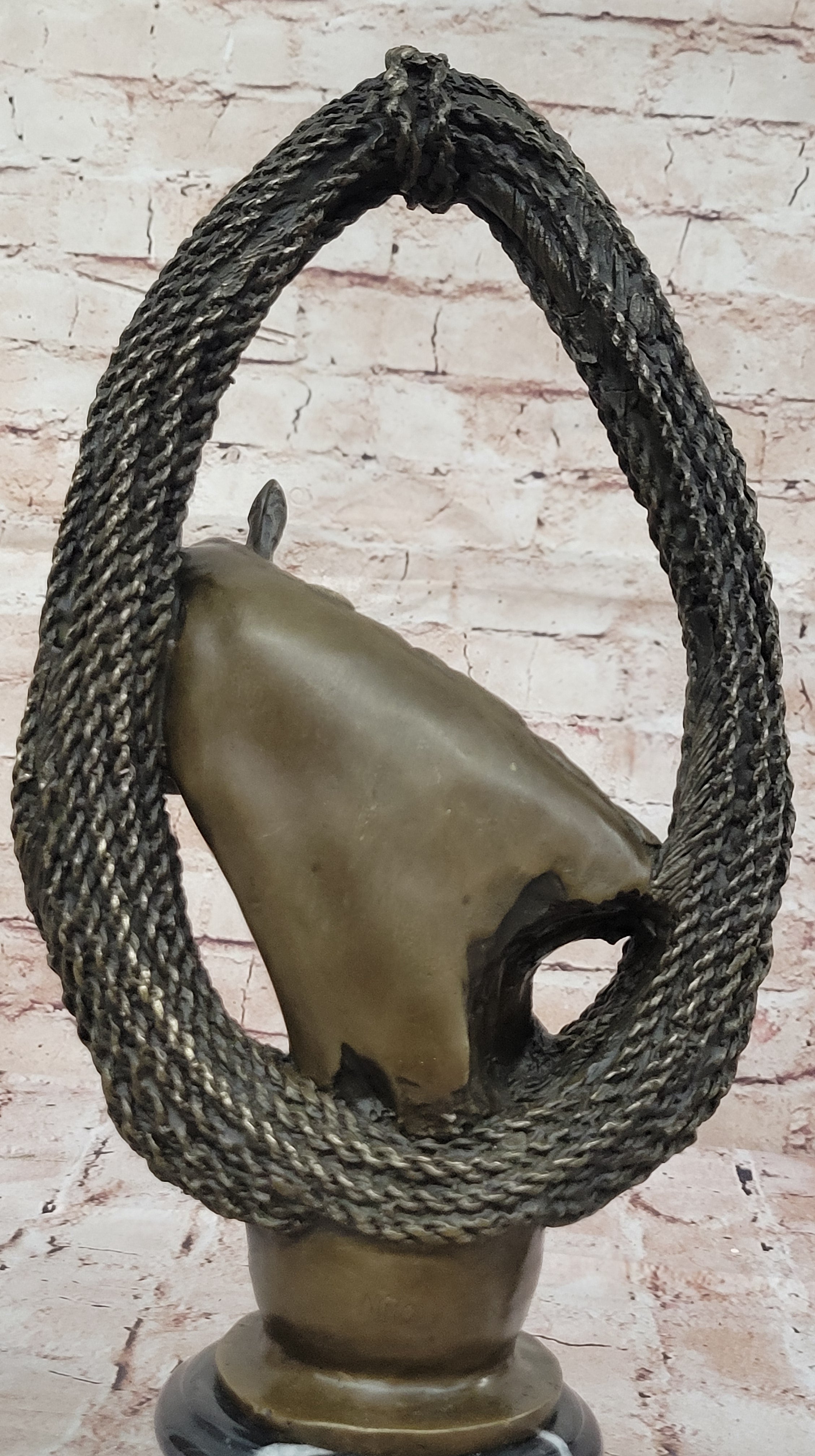 Bronze Horse Head with Braided Lasso on Marble Base