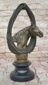 Bronze Horse Head with Braided Lasso on Marble Base