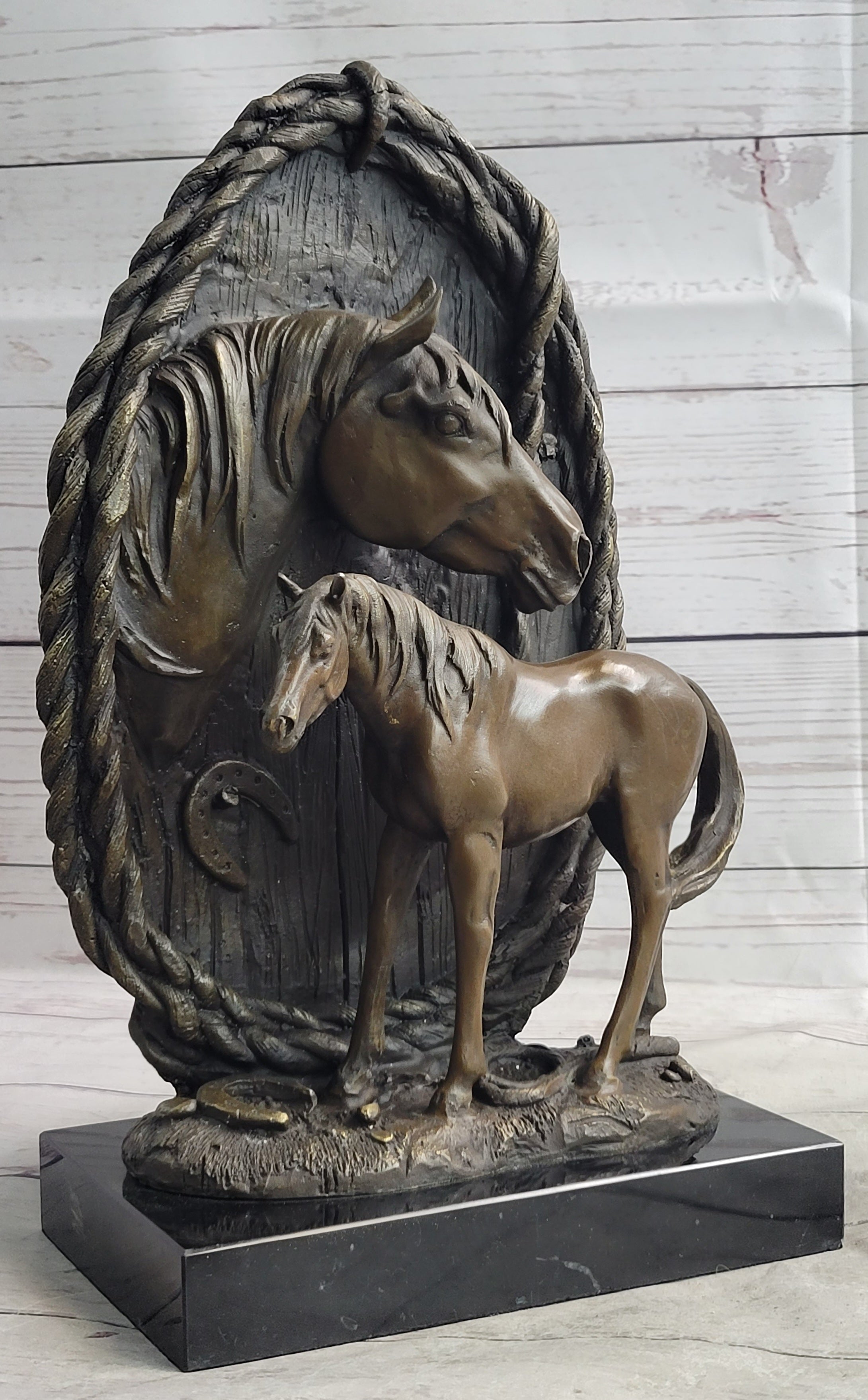 Mare & Foal Bronze Sculpture on Marble Base