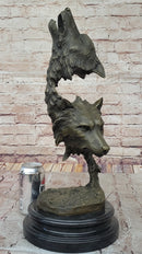 Howling Wolves Bronze Sculpture - Dual Wolf Heads on Marble Base