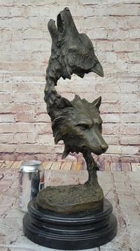 Howling Wolves Bronze Sculpture - Dual Wolf Heads on Marble Base