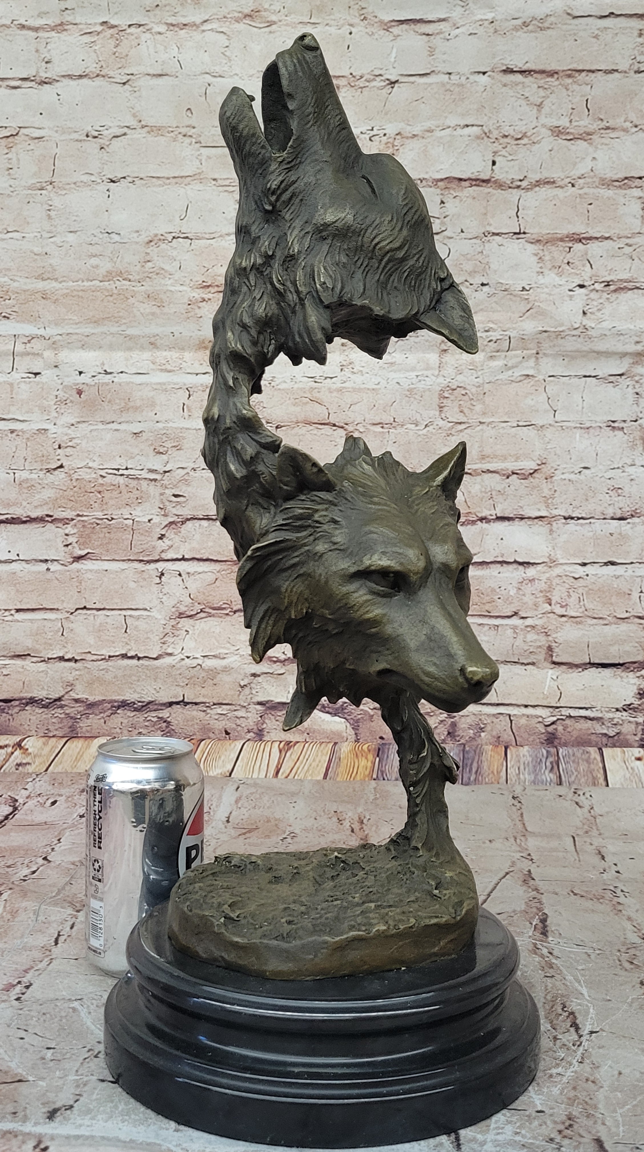 Howling Wolves Bronze Sculpture - Dual Wolf Heads on Marble Base