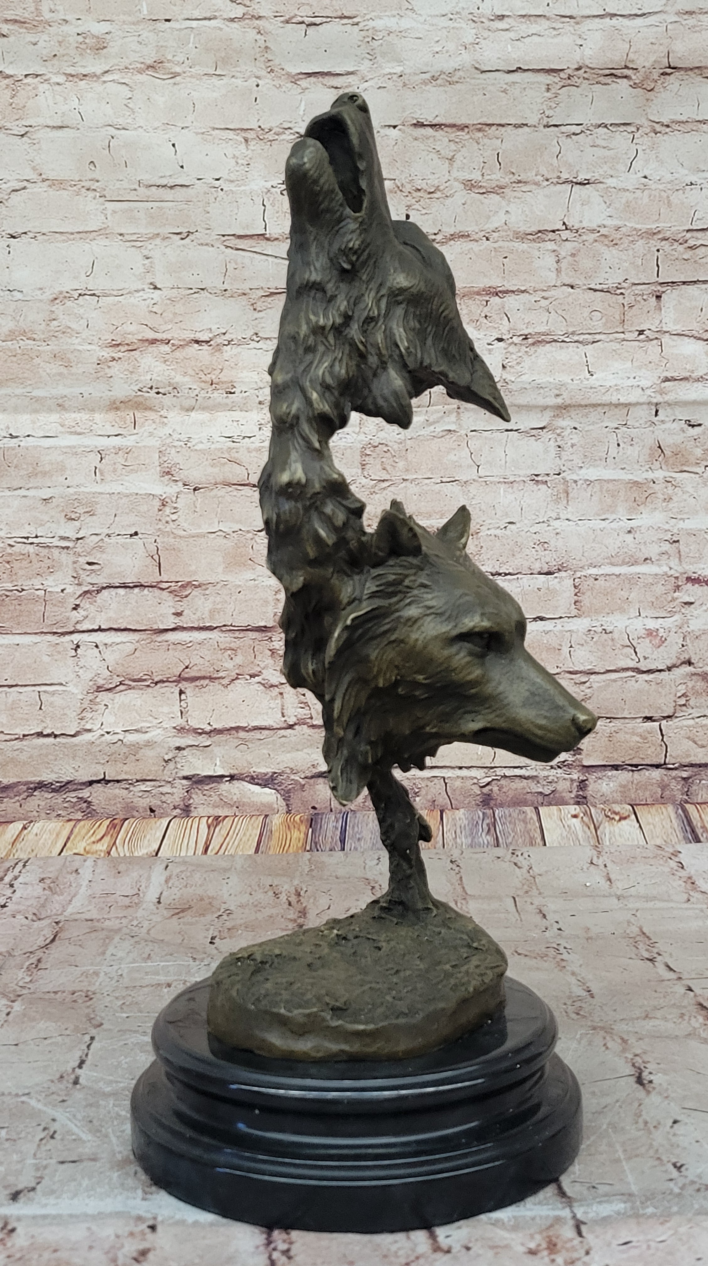 Howling Wolves Bronze Sculpture - Dual Wolf Heads on Marble Base