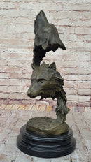Howling Wolves Bronze Sculpture - Dual Wolf Heads on Marble Base