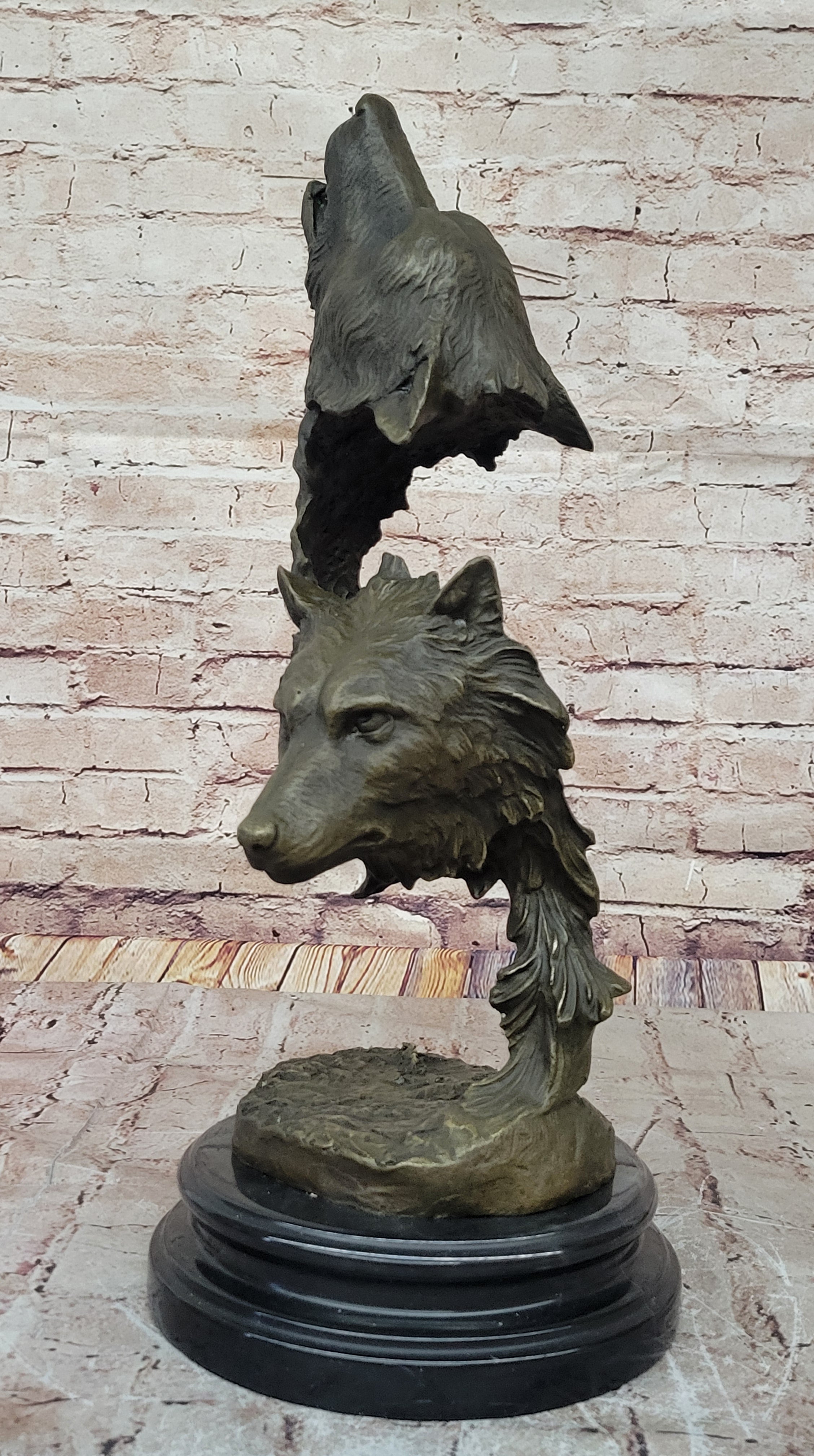 Howling Wolves Bronze Sculpture - Dual Wolf Heads on Marble Base