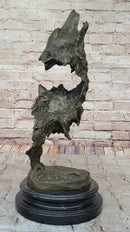 Howling Wolves Bronze Sculpture - Dual Wolf Heads on Marble Base