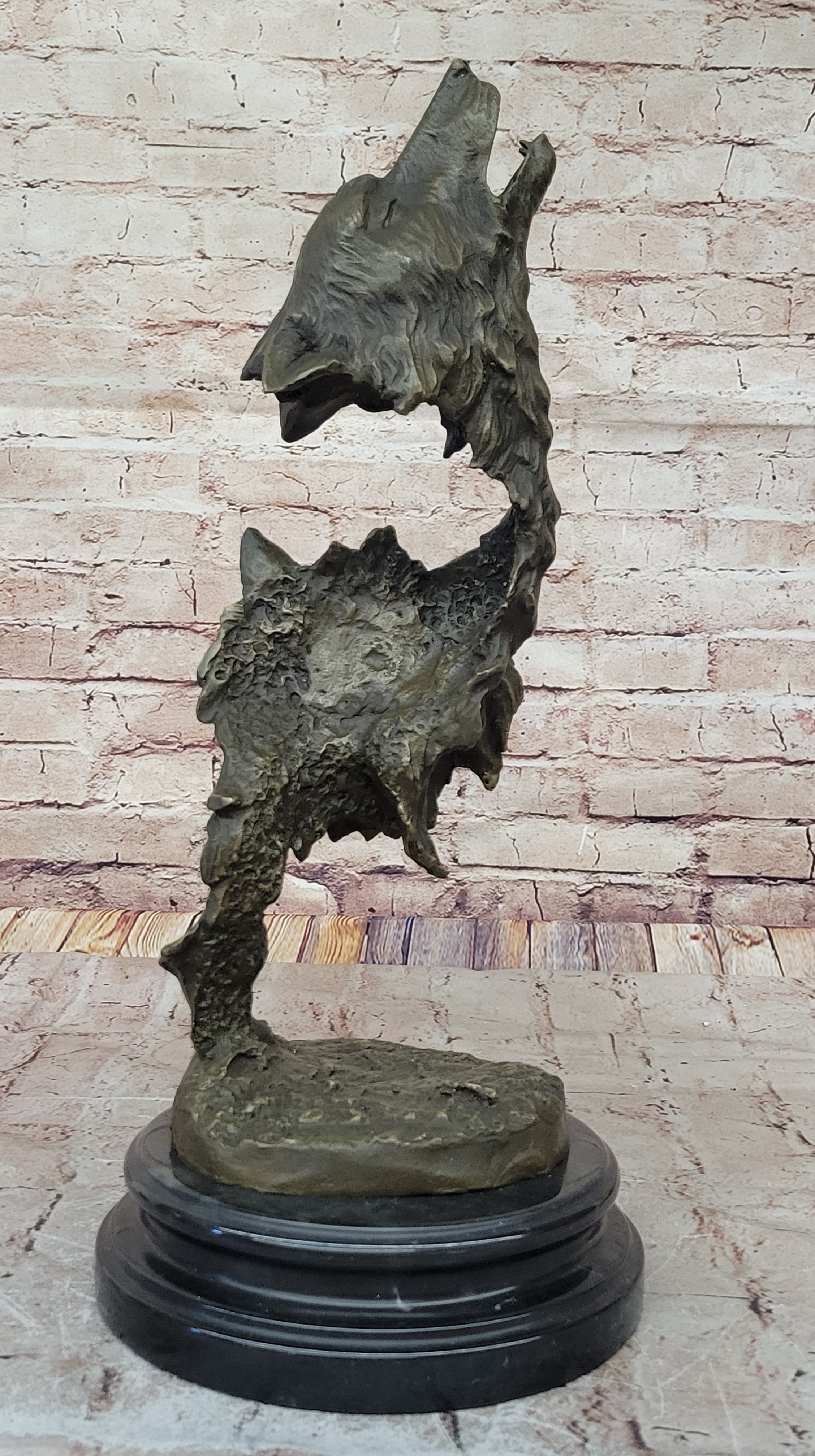 Howling Wolves Bronze Sculpture - Dual Wolf Heads on Marble Base