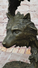 Howling Wolves Bronze Sculpture - Dual Wolf Heads on Marble Base