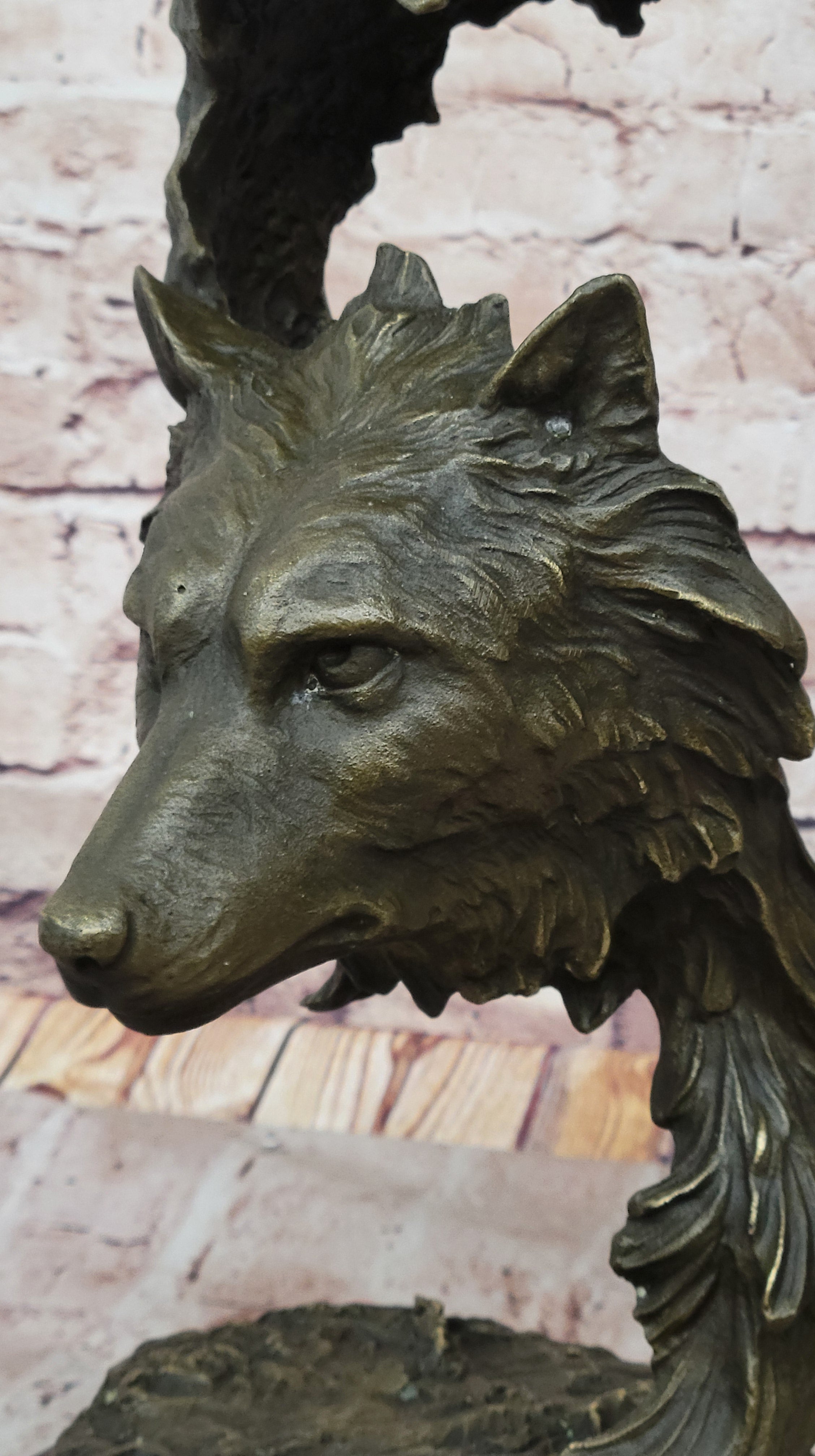 Howling Wolves Bronze Sculpture - Dual Wolf Heads on Marble Base
