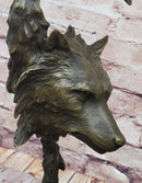 Howling Wolves Bronze Sculpture - Dual Wolf Heads on Marble Base