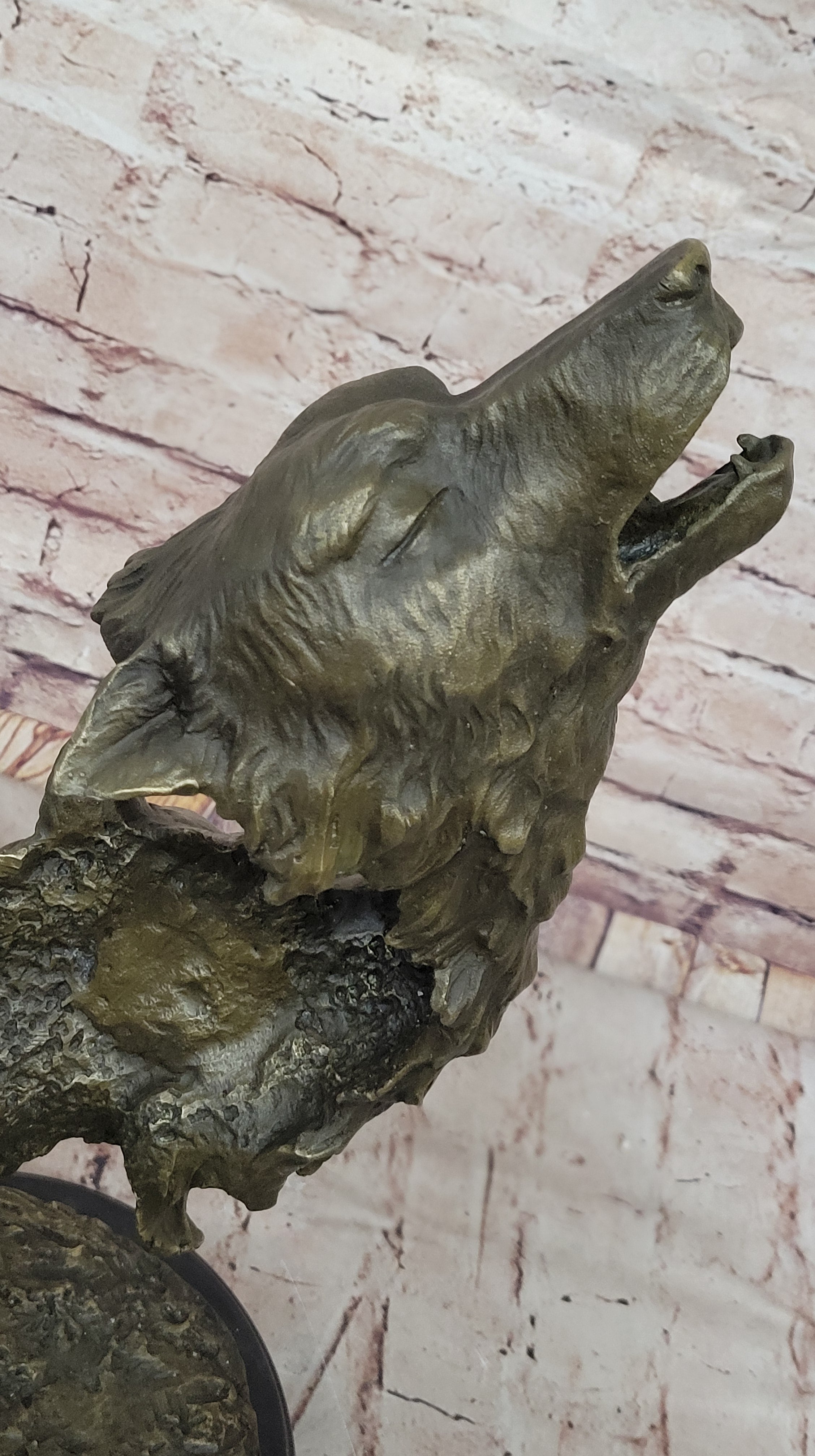 Howling Wolves Bronze Sculpture - Dual Wolf Heads on Marble Base