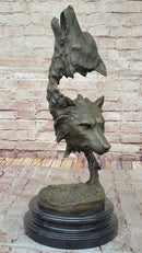 Howling Wolves Bronze Sculpture - Dual Wolf Heads on Marble Base
