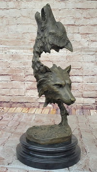 Howling Wolves Bronze Sculpture - Dual Wolf Heads on Marble Base