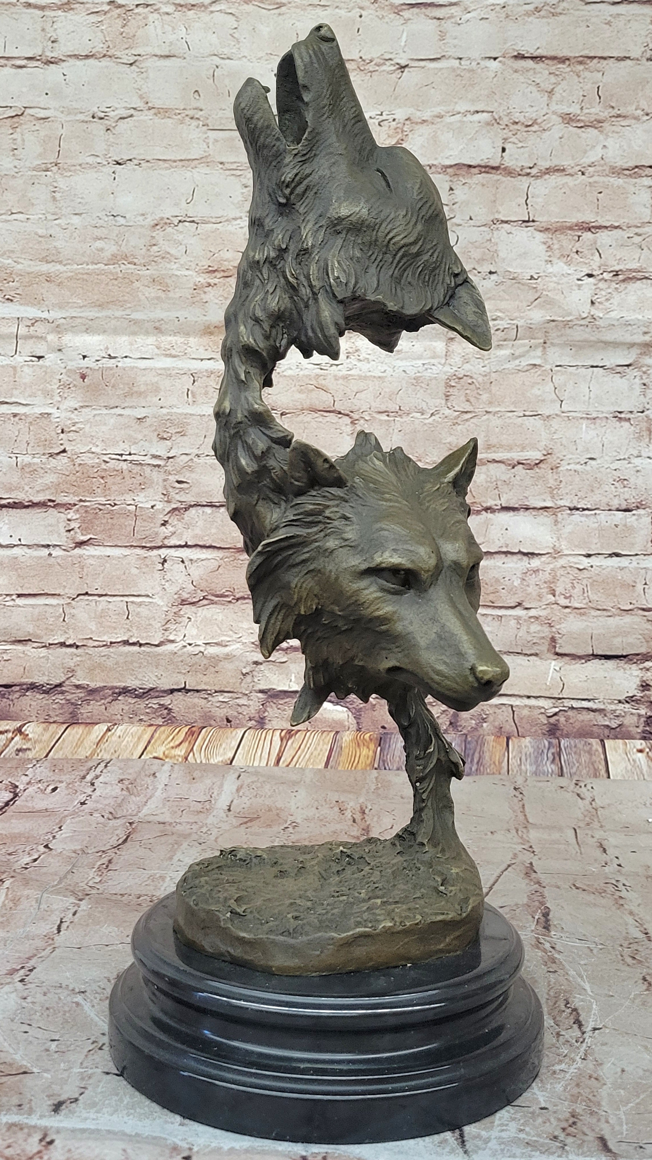 Howling Wolves Bronze Sculpture - Dual Wolf Heads on Marble Base