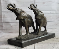 Trumpeting Elephants Bronze Sculpture on Marble Base