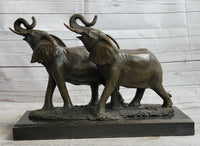 Trumpeting Elephants Bronze Sculpture on Marble Base