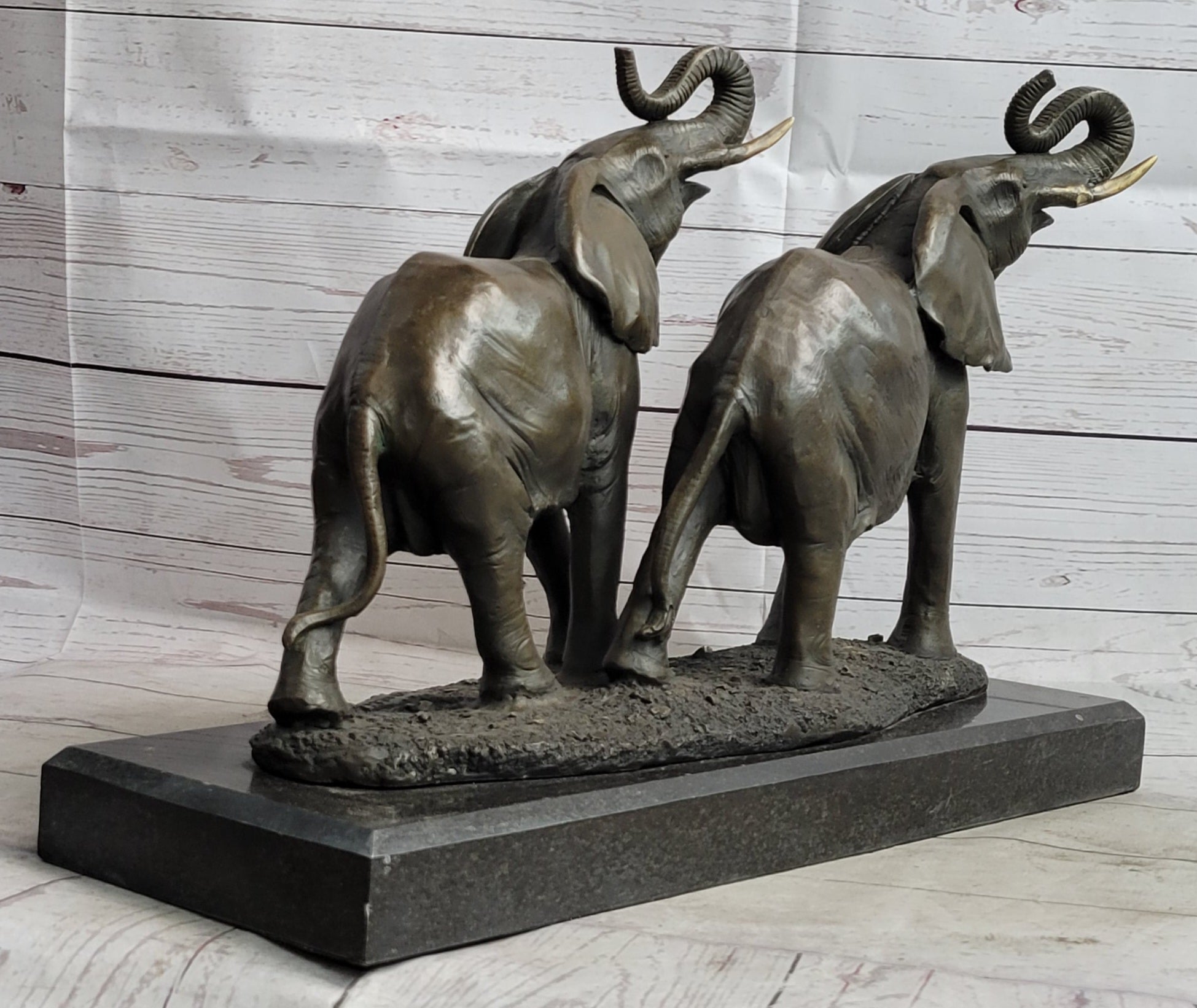 Trumpeting Elephants Bronze Sculpture on Marble Base